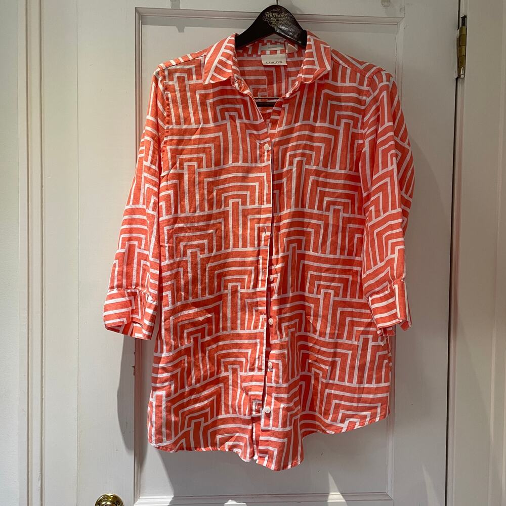 Chico's No-Iron Linen Enamel Maze Loop-Back Tunic Size 1 Medium - Picture 2 of 9
